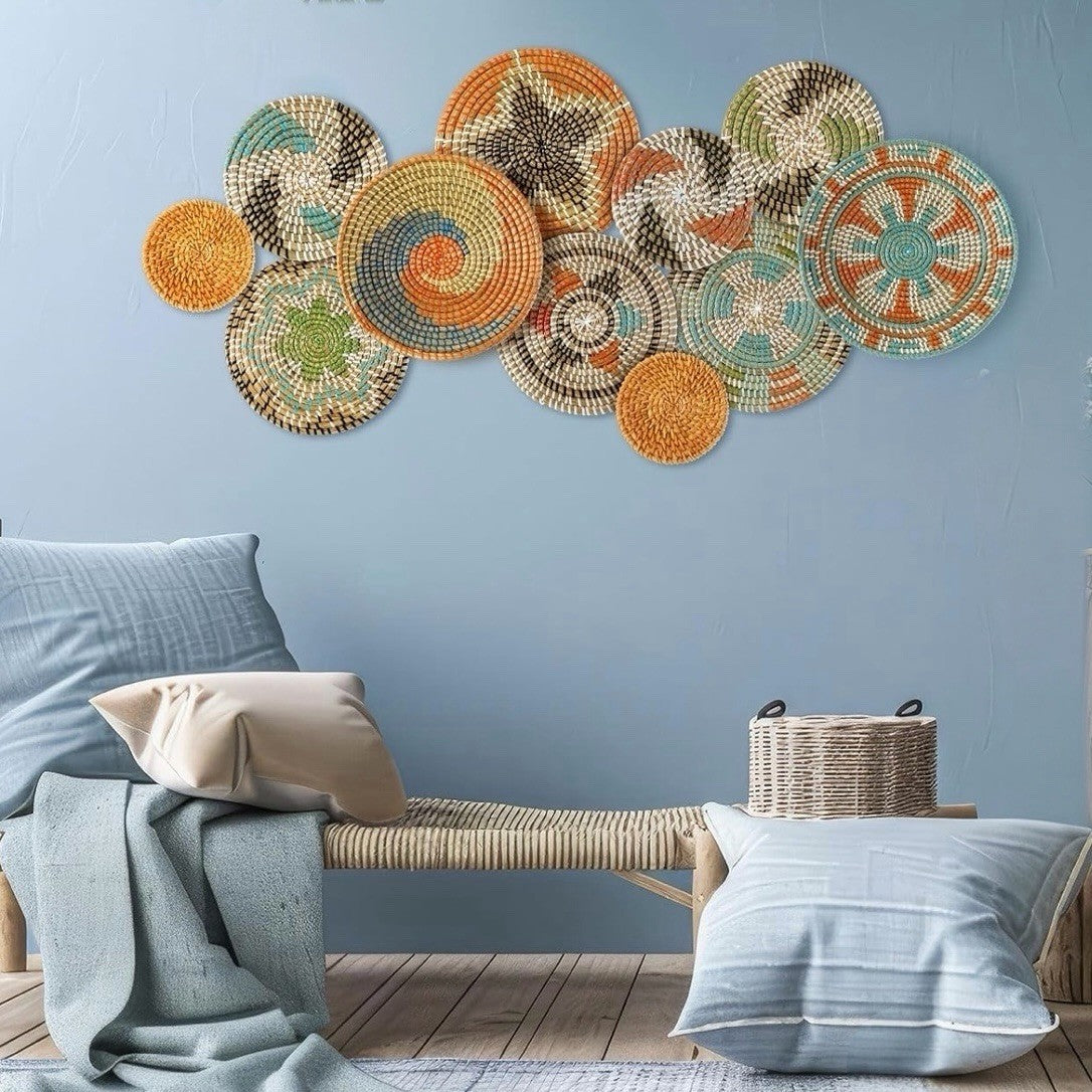 NEW West Elm 11-Piece Woven Wicker Rattan Colorful Boho Wall Hanging Baskets