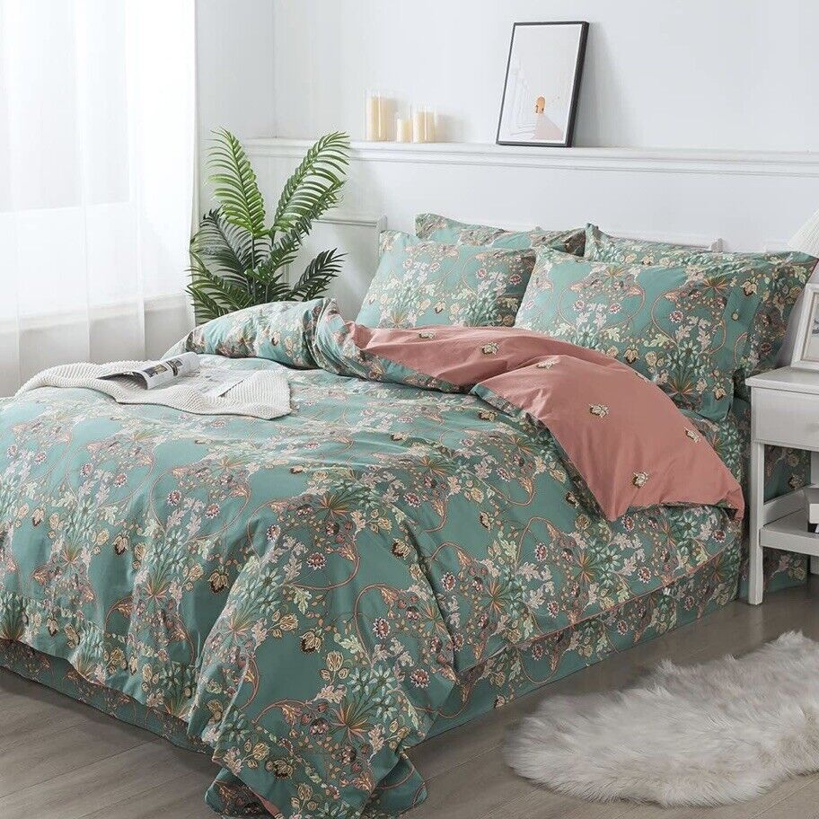 NEW Anthropologie Green Floral King Size Boho Comforter Bedding Sham Case Set