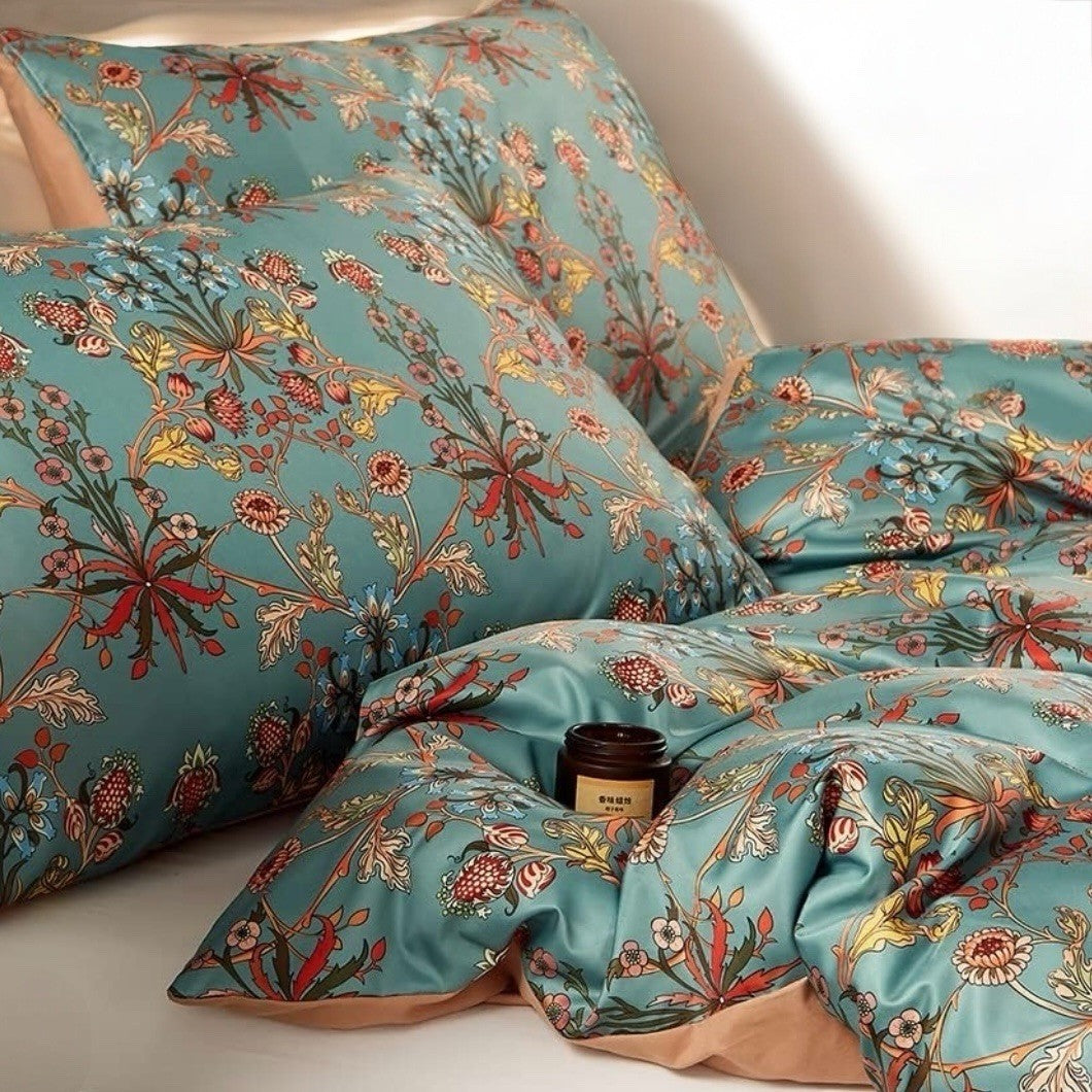 NEW Anthro Blue Orange Boho Floral Queen / King Bedding Duvet & Sham Case Set