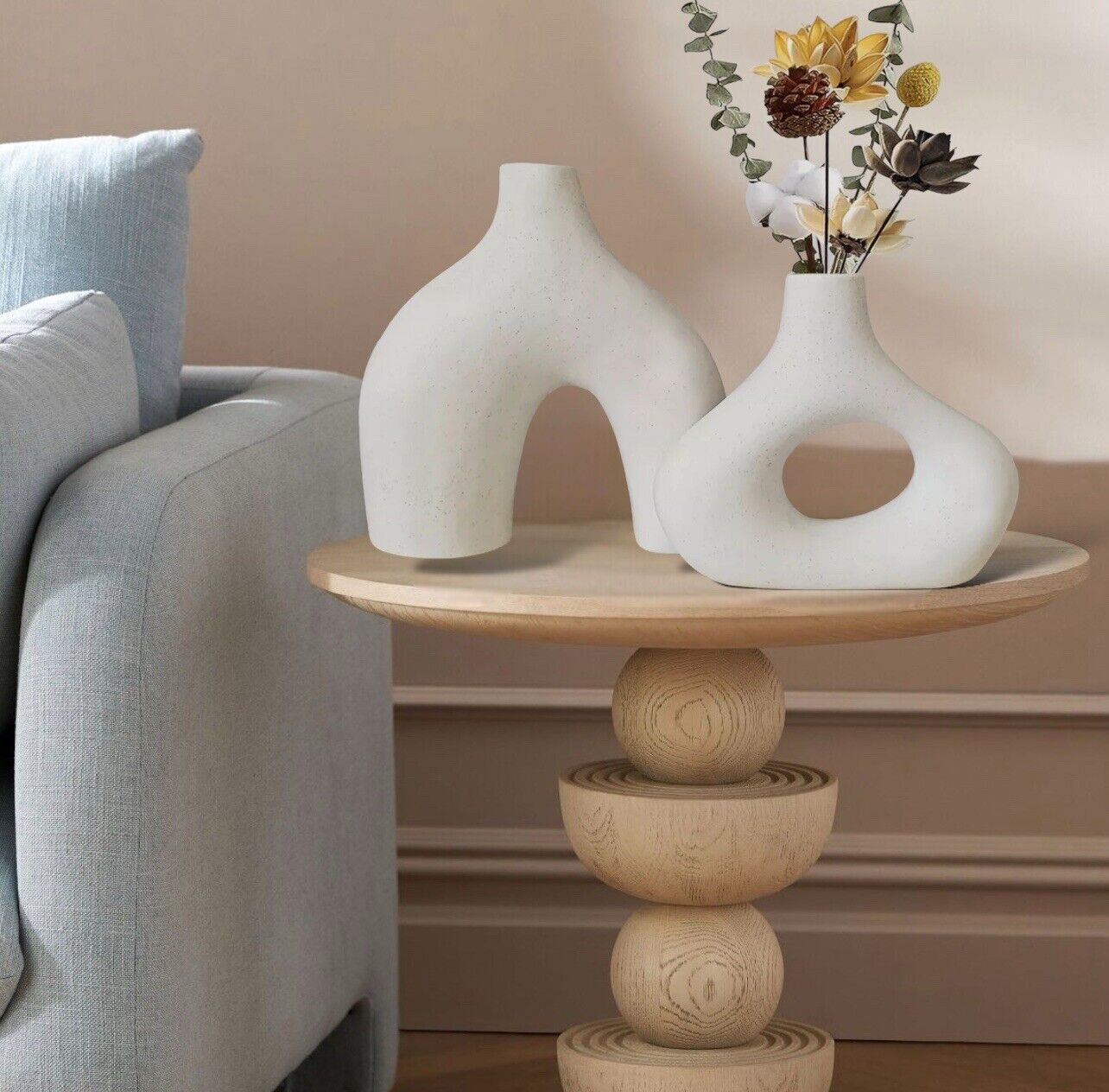 New West Elm (Set 2) Large Cream Abstract Boho Ceramic Abstract Flower Vase Set