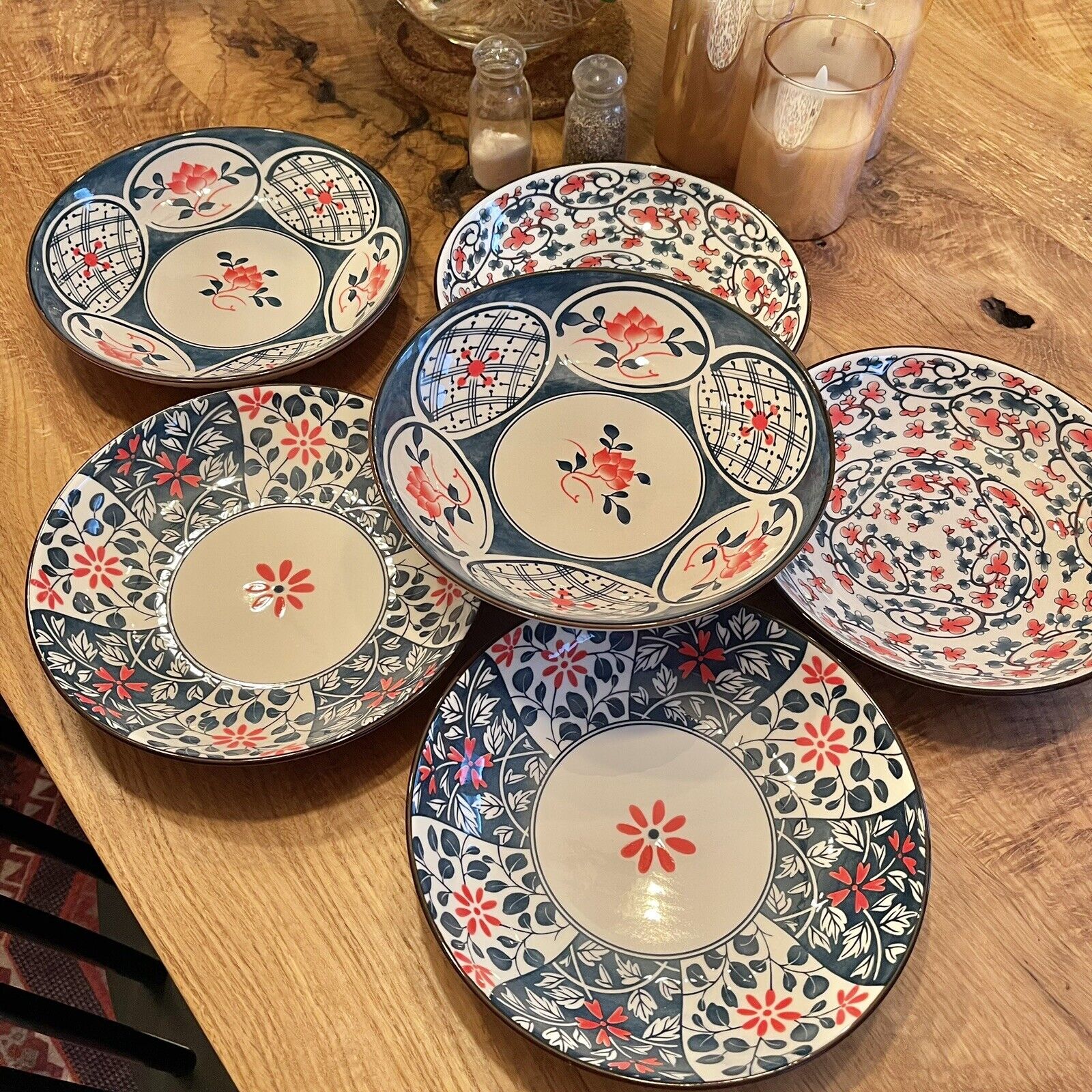 NEW West Elm (Set of 6) Blue Boho Ceramic Floral Dinnerware Salad Plates Set