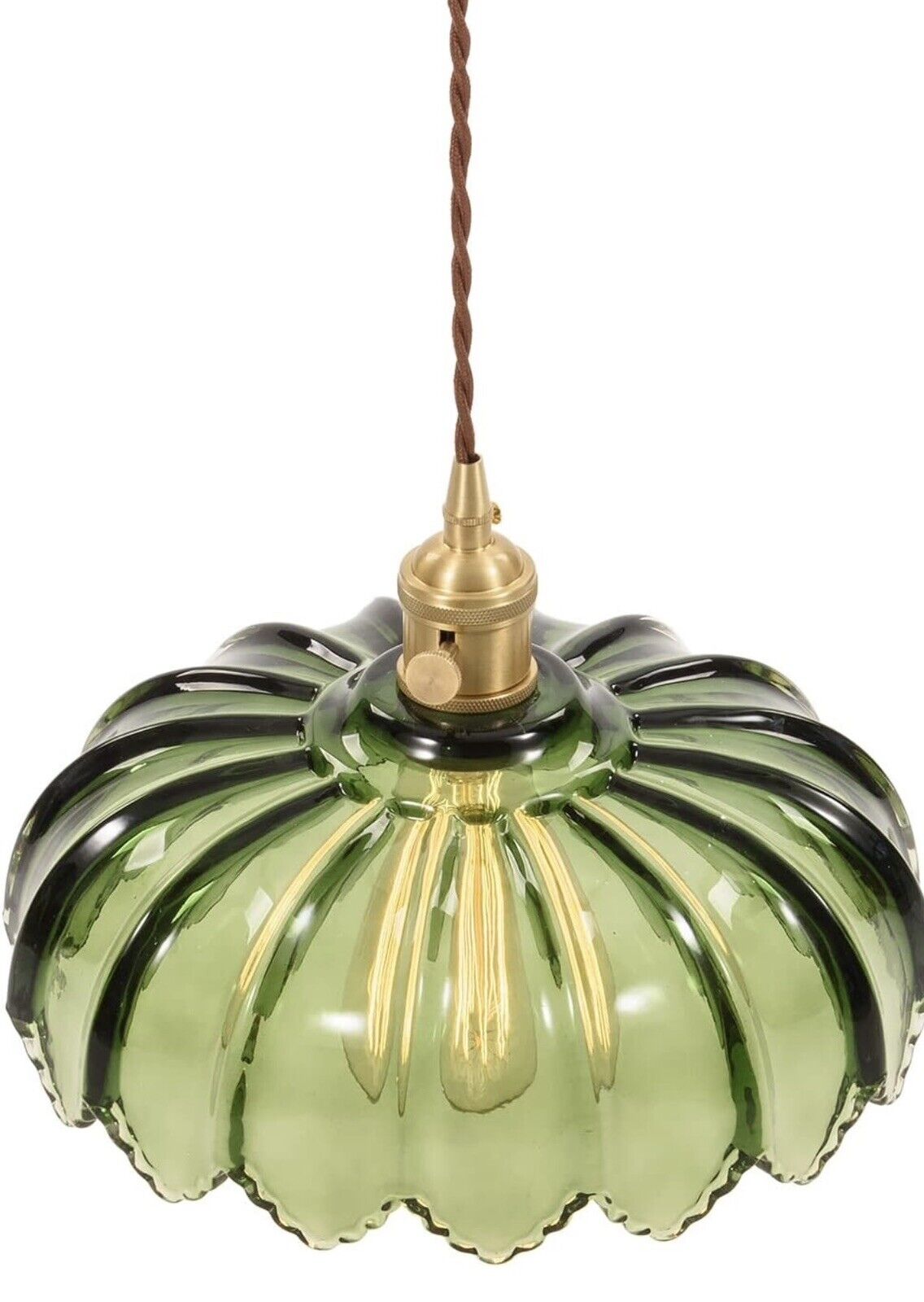 NEW Anthropologie Vintage Green Glass Hanging Gold Floral Pendant Light Fixture