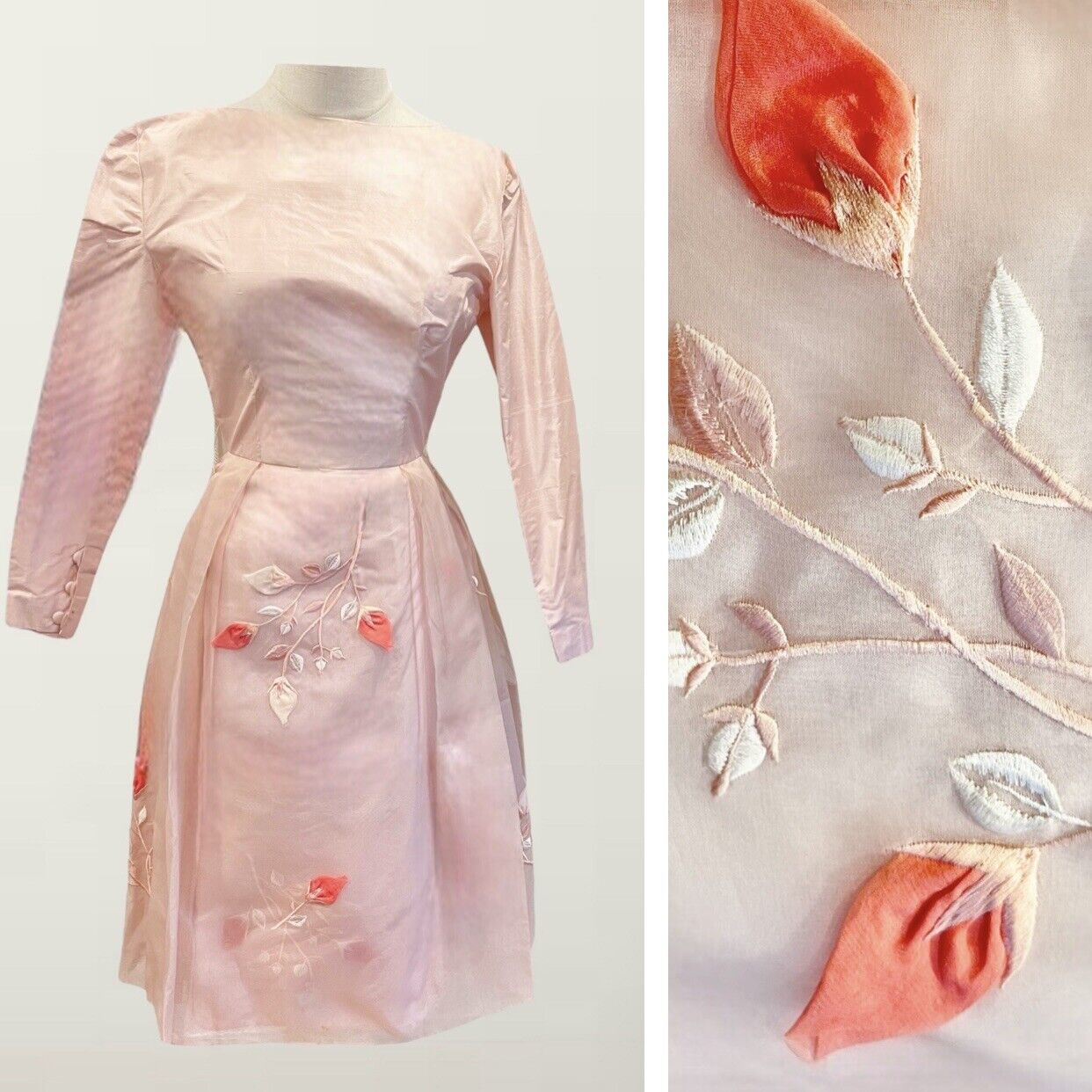 Vintage 1950s Pink Floral Embroidered Cocktail Full Skirt Dress Gown Size Small