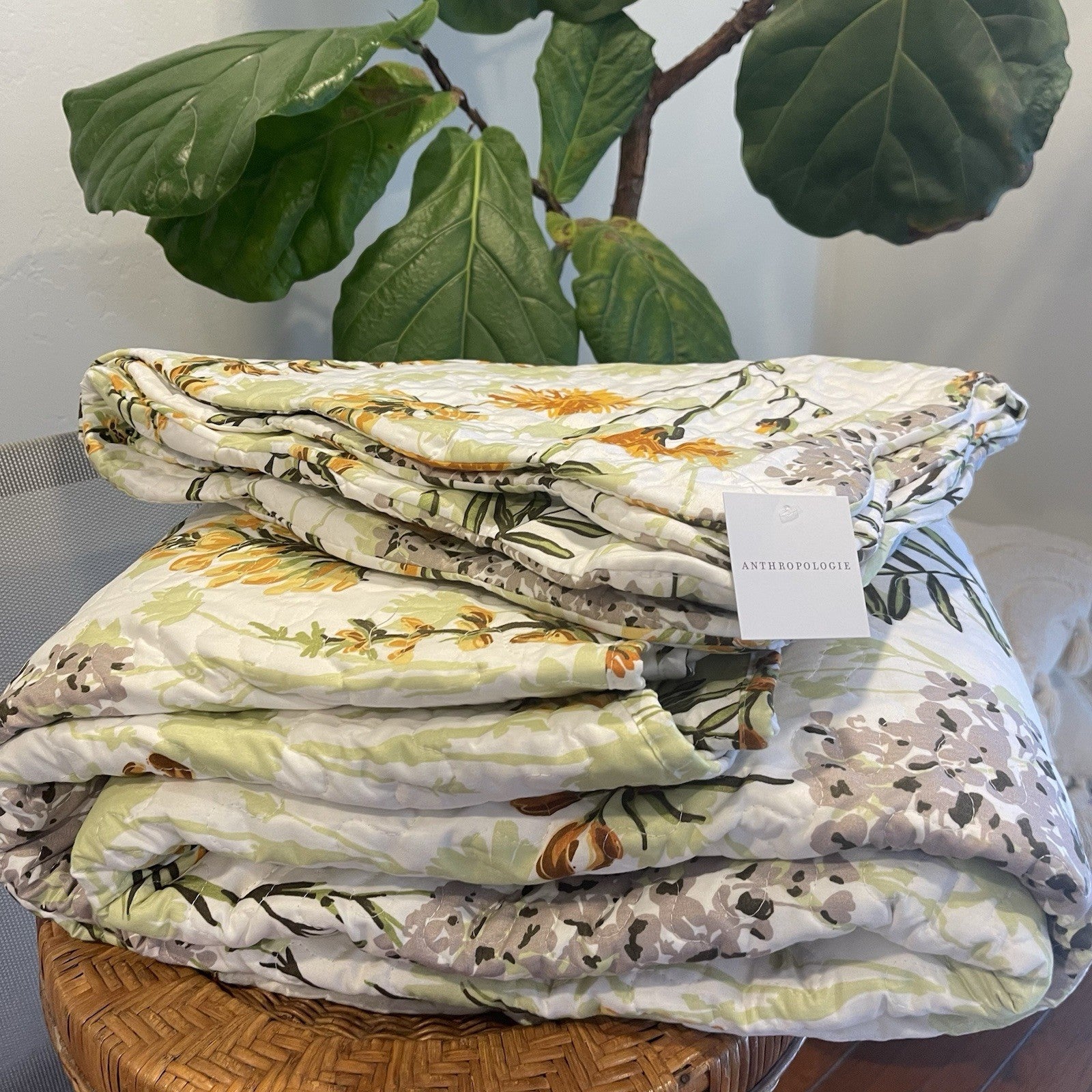 NEW Anthro White Yellow Floral Queen Boho Quilt Bedding Bedspread Duvet Sham Set