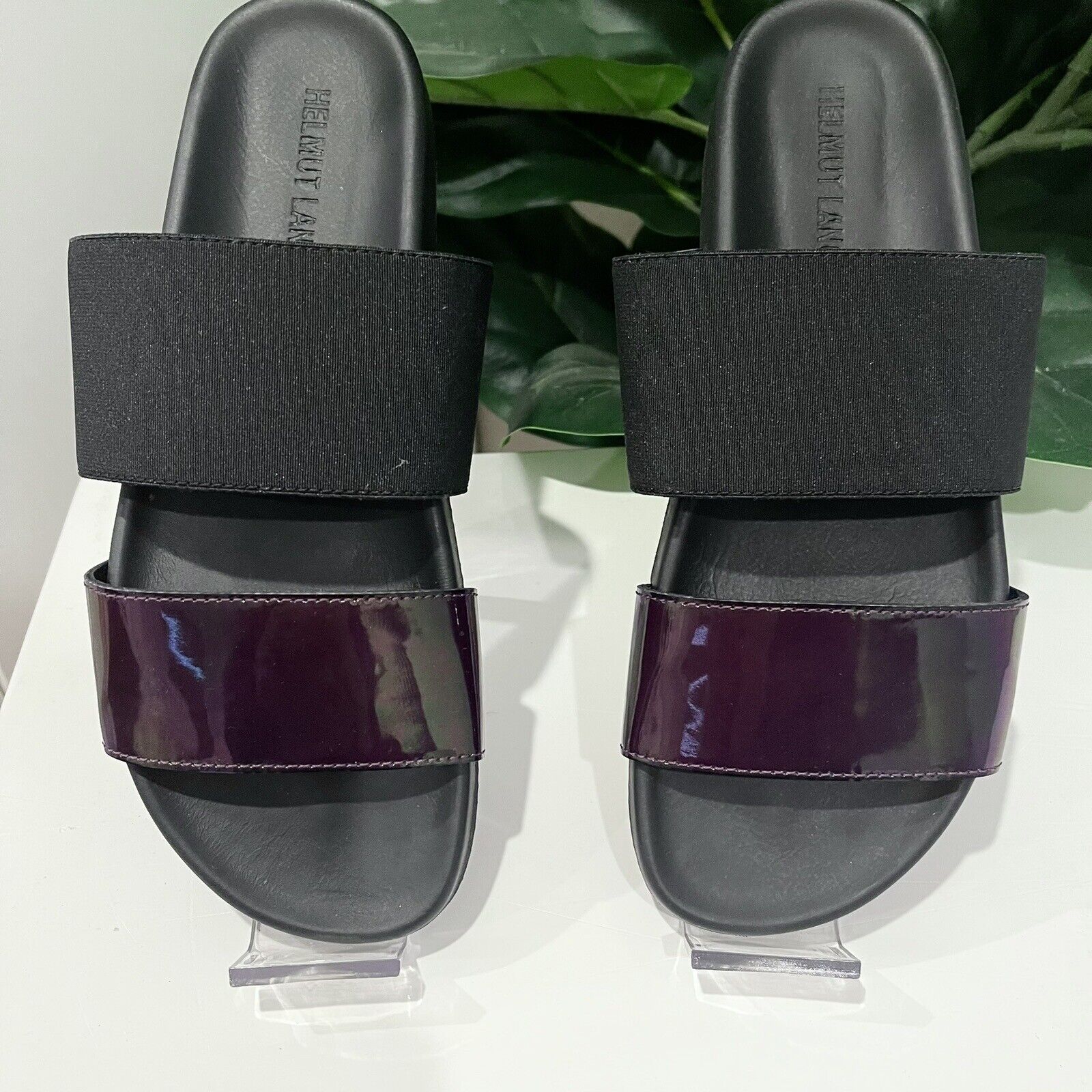 NEW Helmut Lang Black Iridescent "Oil Slick" Slides Sandals Shoes Size 8.5 / 39