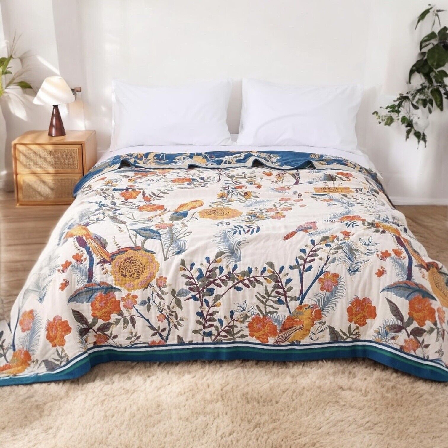 NEW XL Anthropologie Boho Queen Floral Throw Blanket Bedspread Quilt - 80" x 90"