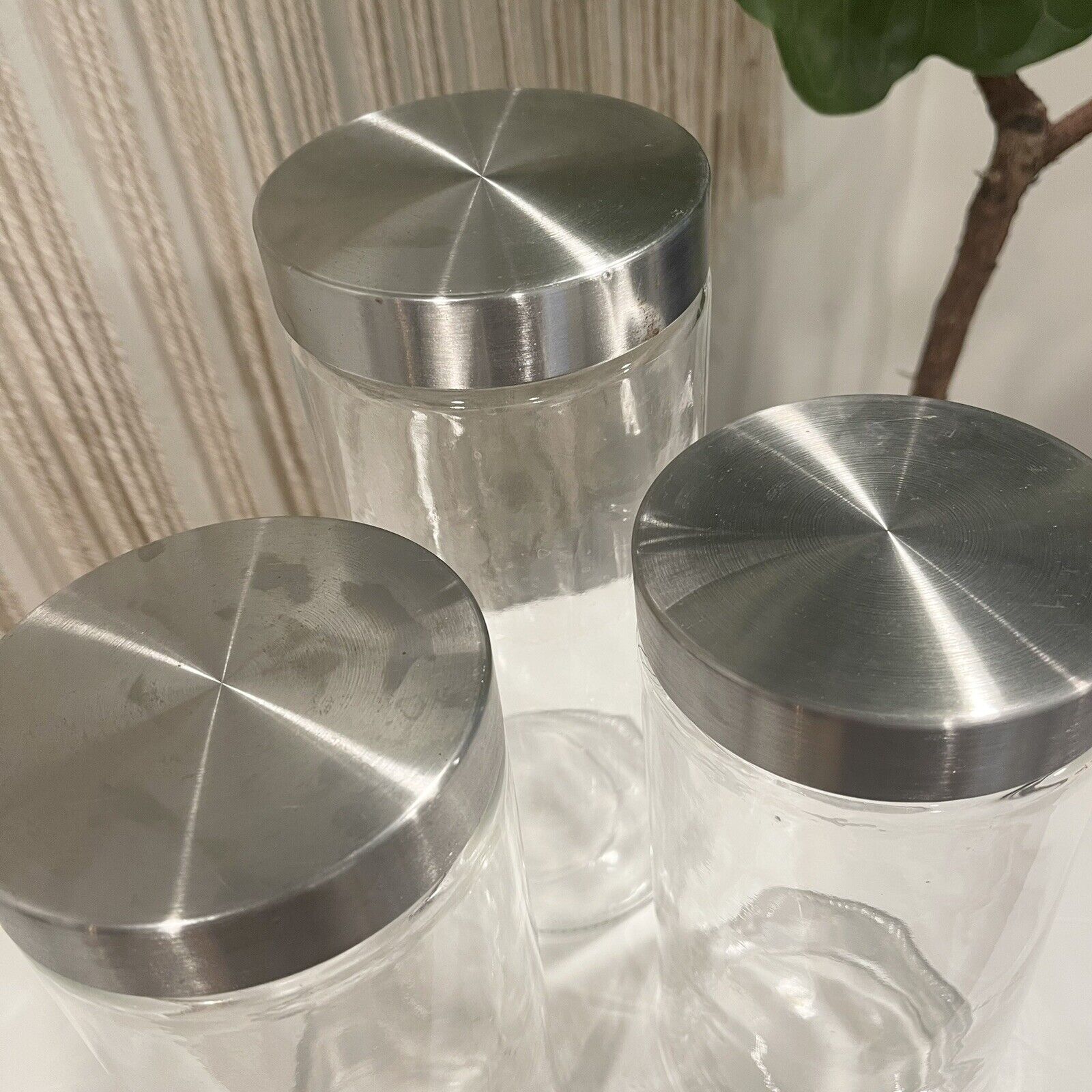 West Elm Set of Three Clear Glass & Aluminum Storage Jars Containers Canisters