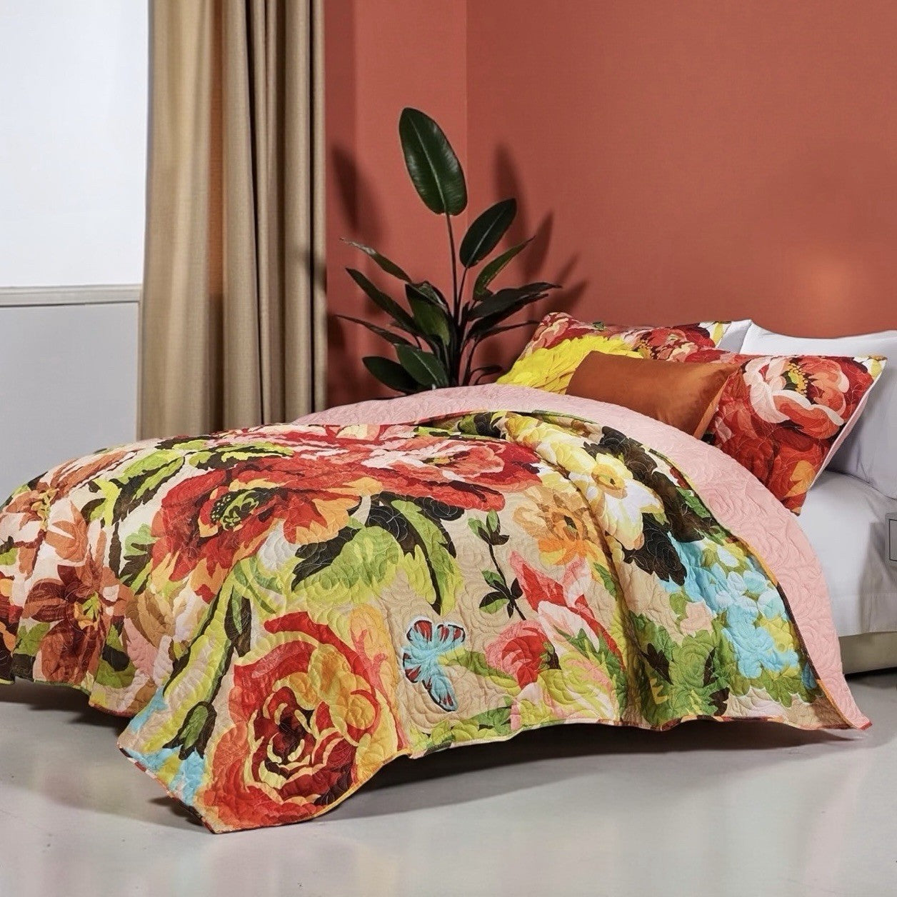 NEW Anthro Red Floral Reversible Boho Knit Queen / King Bedding Quilt & Sham Set