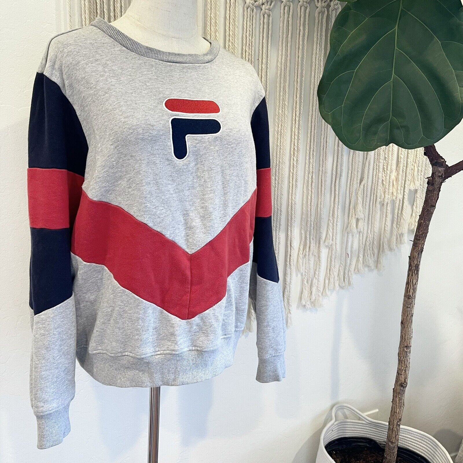 Fila Red, Grey & Navy Colorblock Sweatshirt Pullover Sweater Top - Size Large