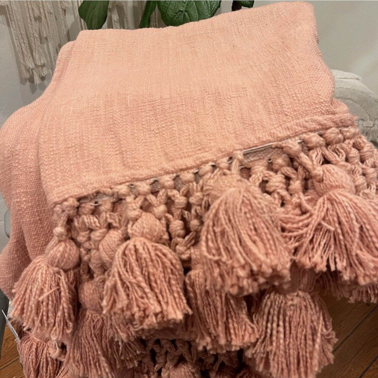 New Anthropologie Coral Pink Boho Tassel Macrame Knit Throw Blanket - 50" x 60"