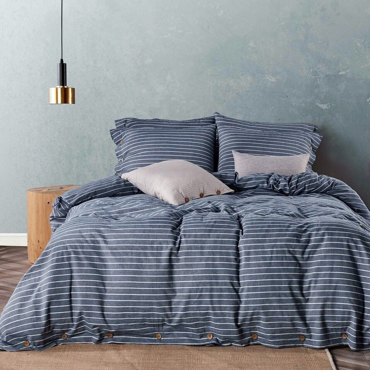 NEW West Elm Blue White Striped King Size Linen Cotton Bedding Duvet & Sham Set