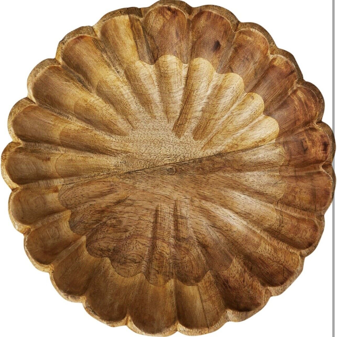 NEW West Elm Large Natural Wood Carved Scalloped Decorative Bowl Centerpiece 8"