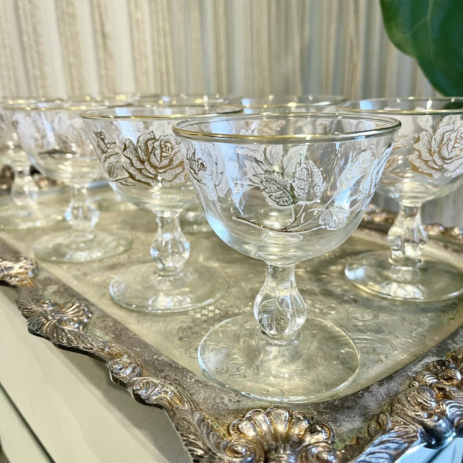 Vintage Libbey Crystal & Gold Rose Champagne 1960s Wine Glass Barware - Set of 8