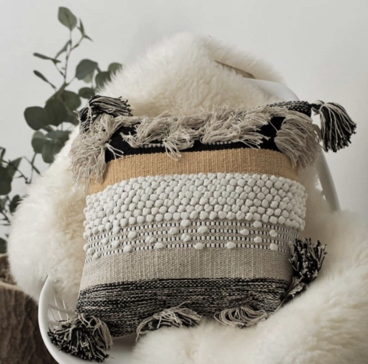 NEW West Elm Boho Pom Pom Tassel Throw Pillow Case Cover Sham - 18" x 18"