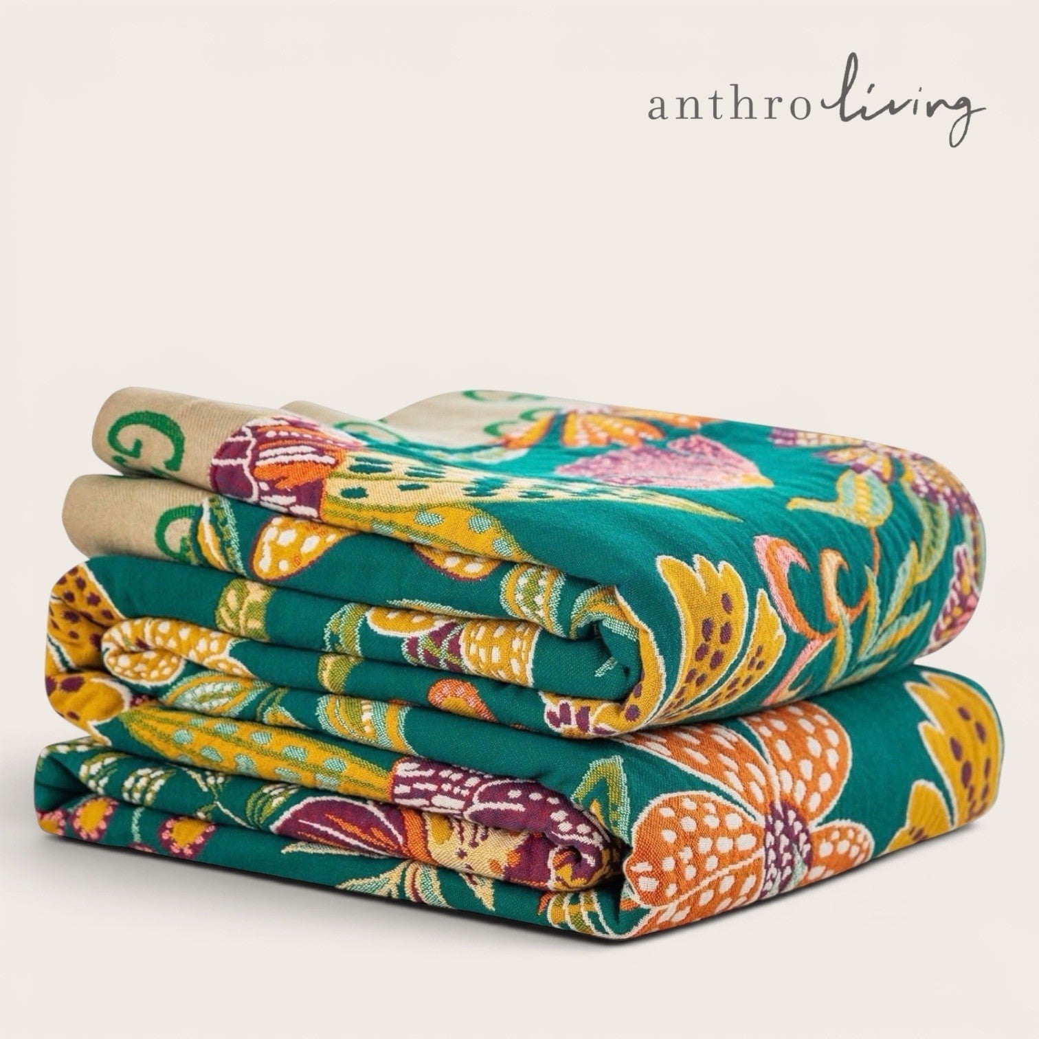 NEW Anthro Boho Teal Floral Reversible Queen Blanket Bedspread Quilt 80" x 90"
