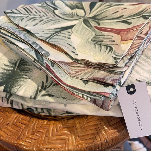 NEW Anthro White Floral Botanical Boho Cotton Queen King Bedding Duvet Sham Set