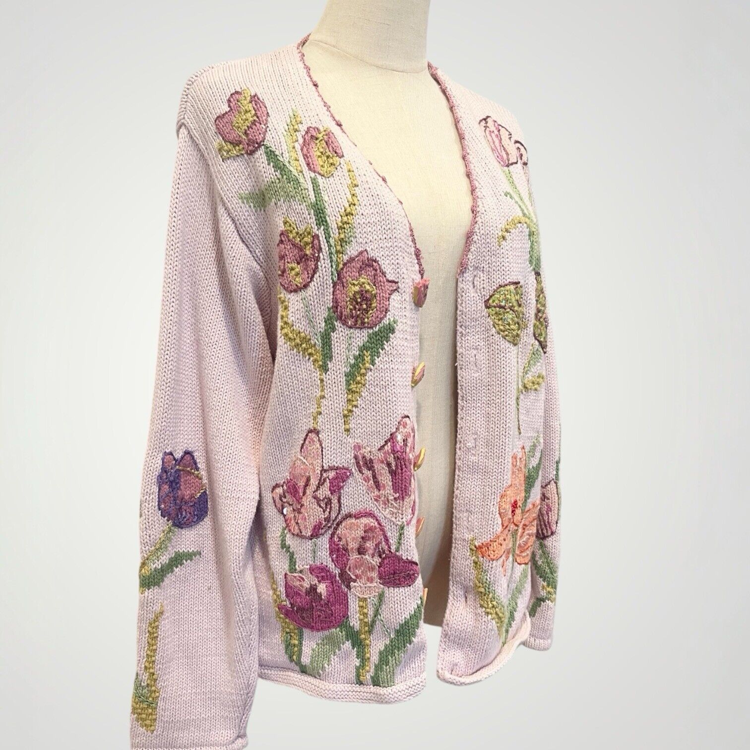 Vintage Storybook Knits Pink Floral Embroidered Sequin Sweater Cardigan - Large