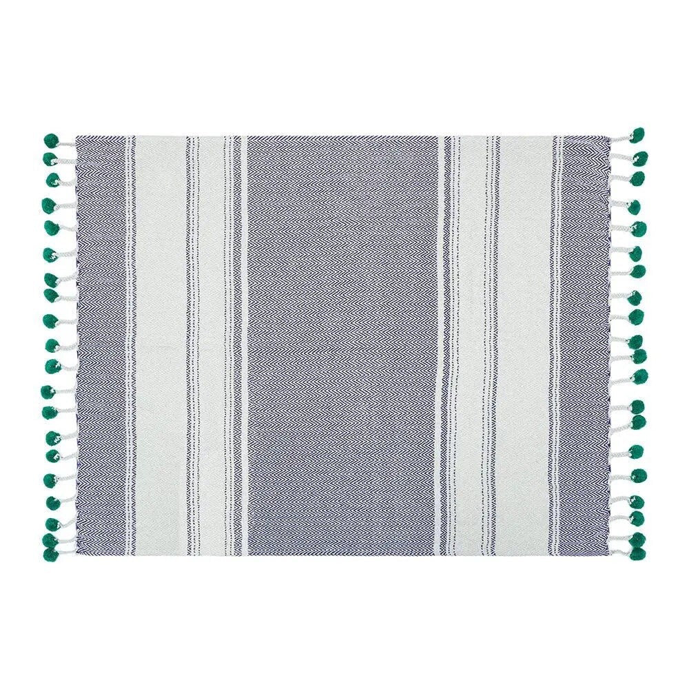 NEW Anthropologie Blue Green Pom Pom Boho Tassel Knit Throw Blanket - 50" x 60"
