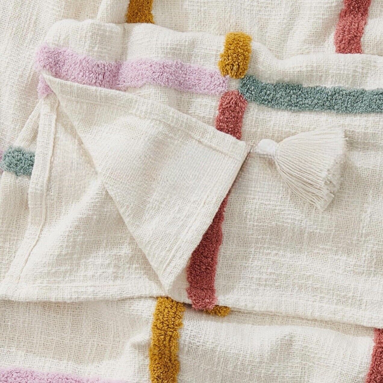 NEW Anthropologie Boho Stripe Tassel Throw Blanket Bedspread Quilt - 50" x 60"