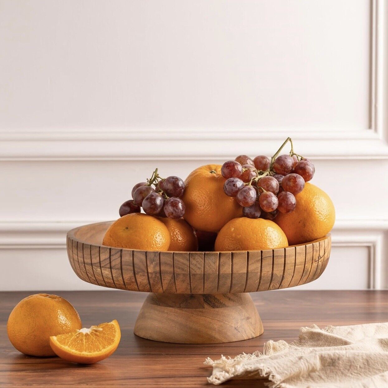 NEW West Elm Large Wood Boho Carved Scalloped Decorative Fruit Bowl Centerpiece