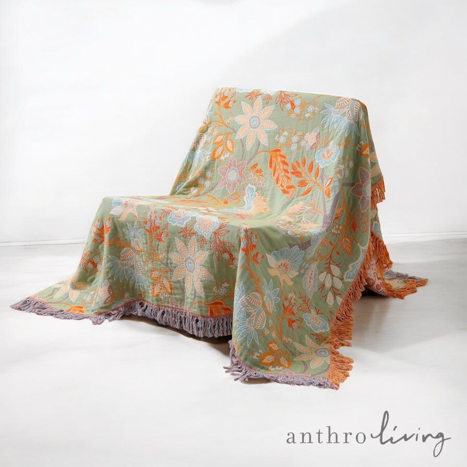 NEW XL Coral & Green Reversible Boho Fringe Blanket Bedspread Quilt - 80" x 90"