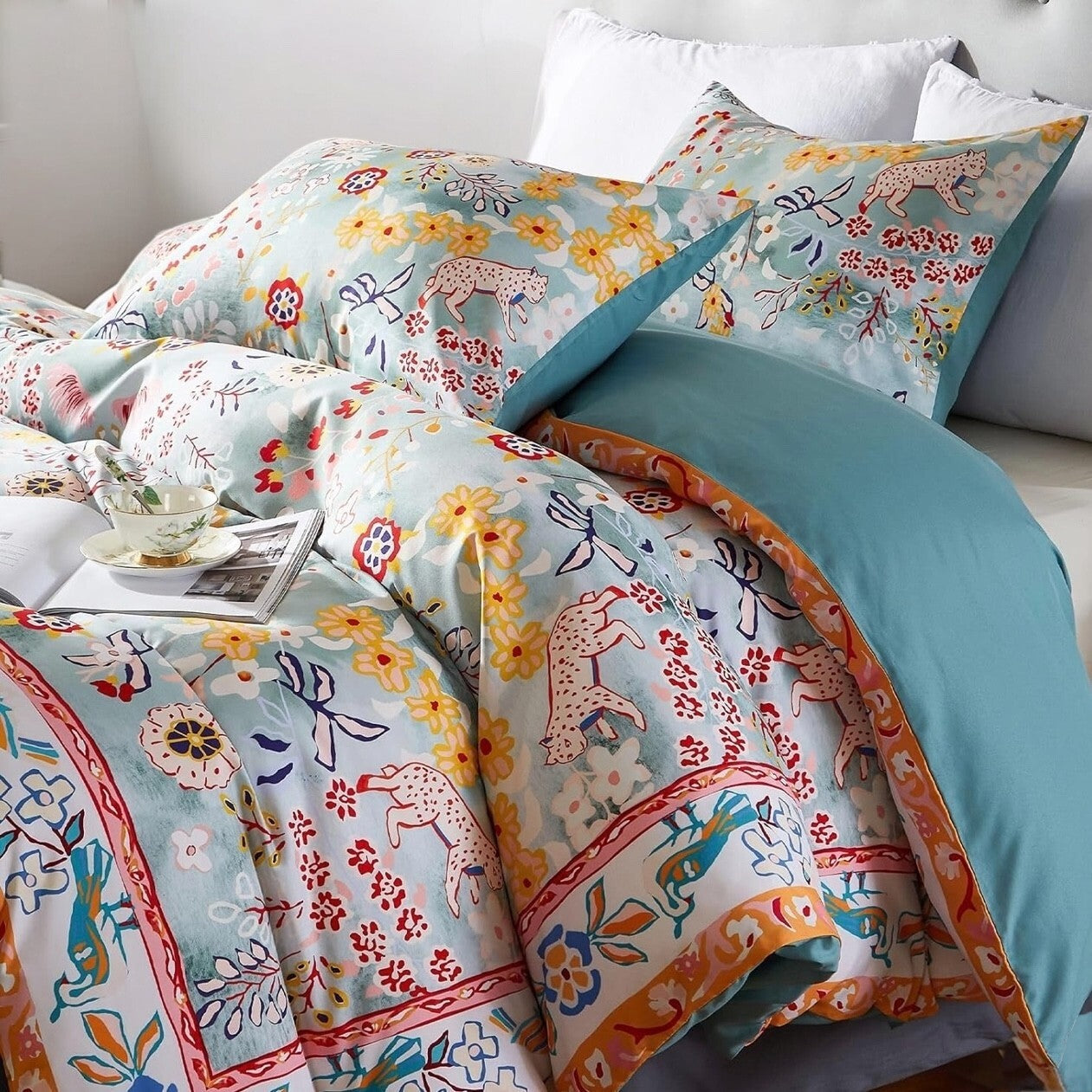 NEW Anthro Blue Jungle Multicolor Boho Queen / King Bedding Duvet & Sham Case