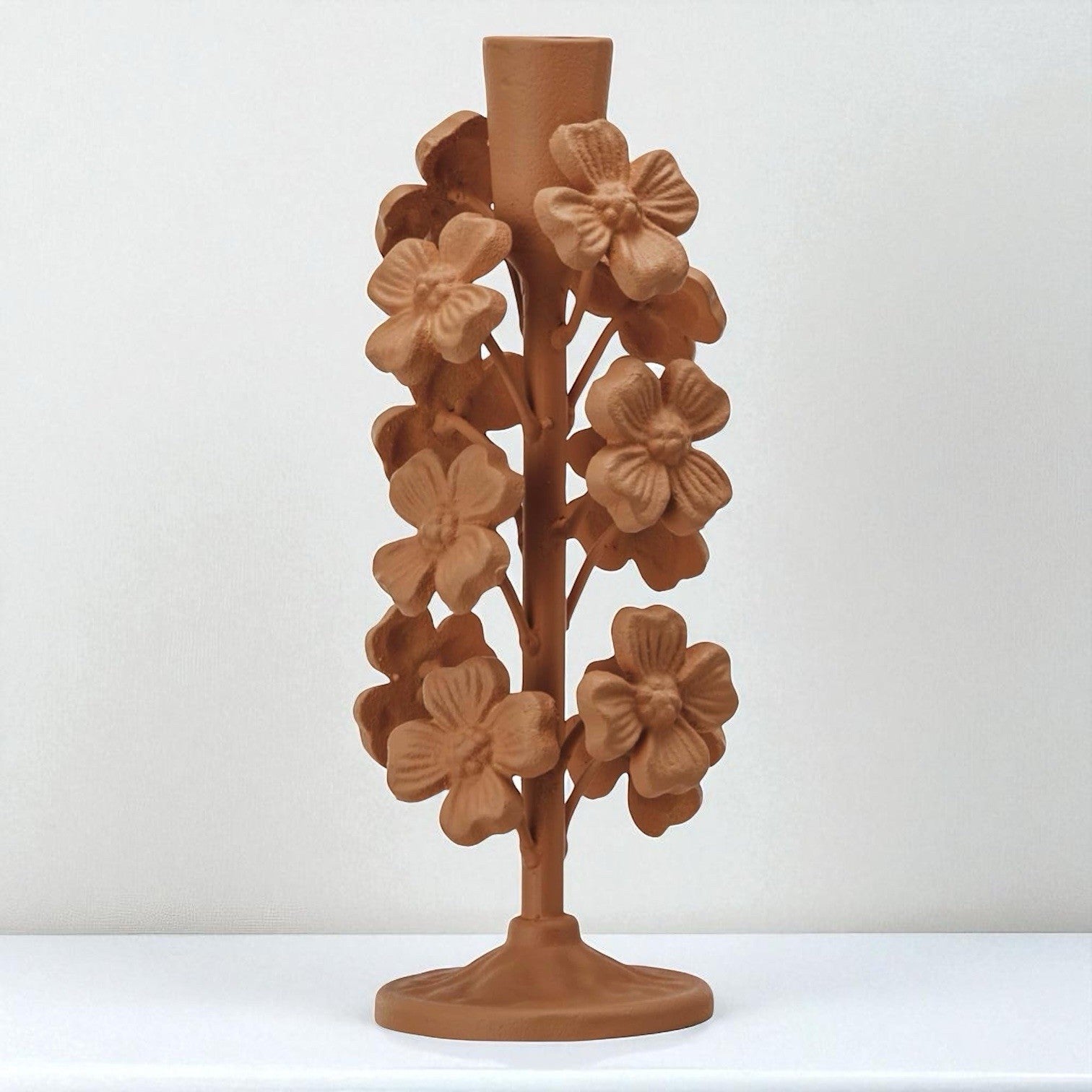 NEW Anthropologie Cast Metal Boho Floral Tapered Candle Candlestick Holder - 9"