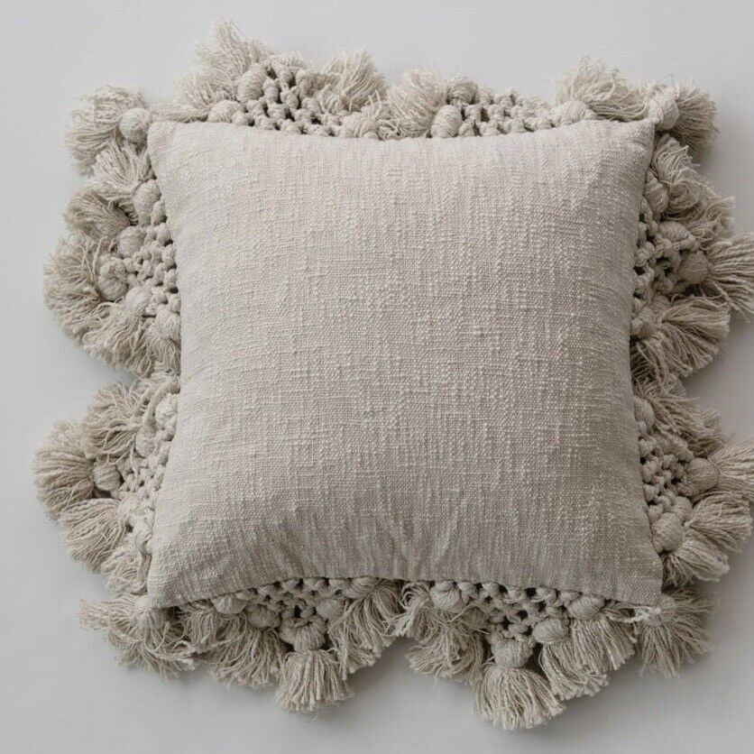 NEW Anthropologie Boho Crochet Tassel White Cream Throw Pillow - 18" x 18"