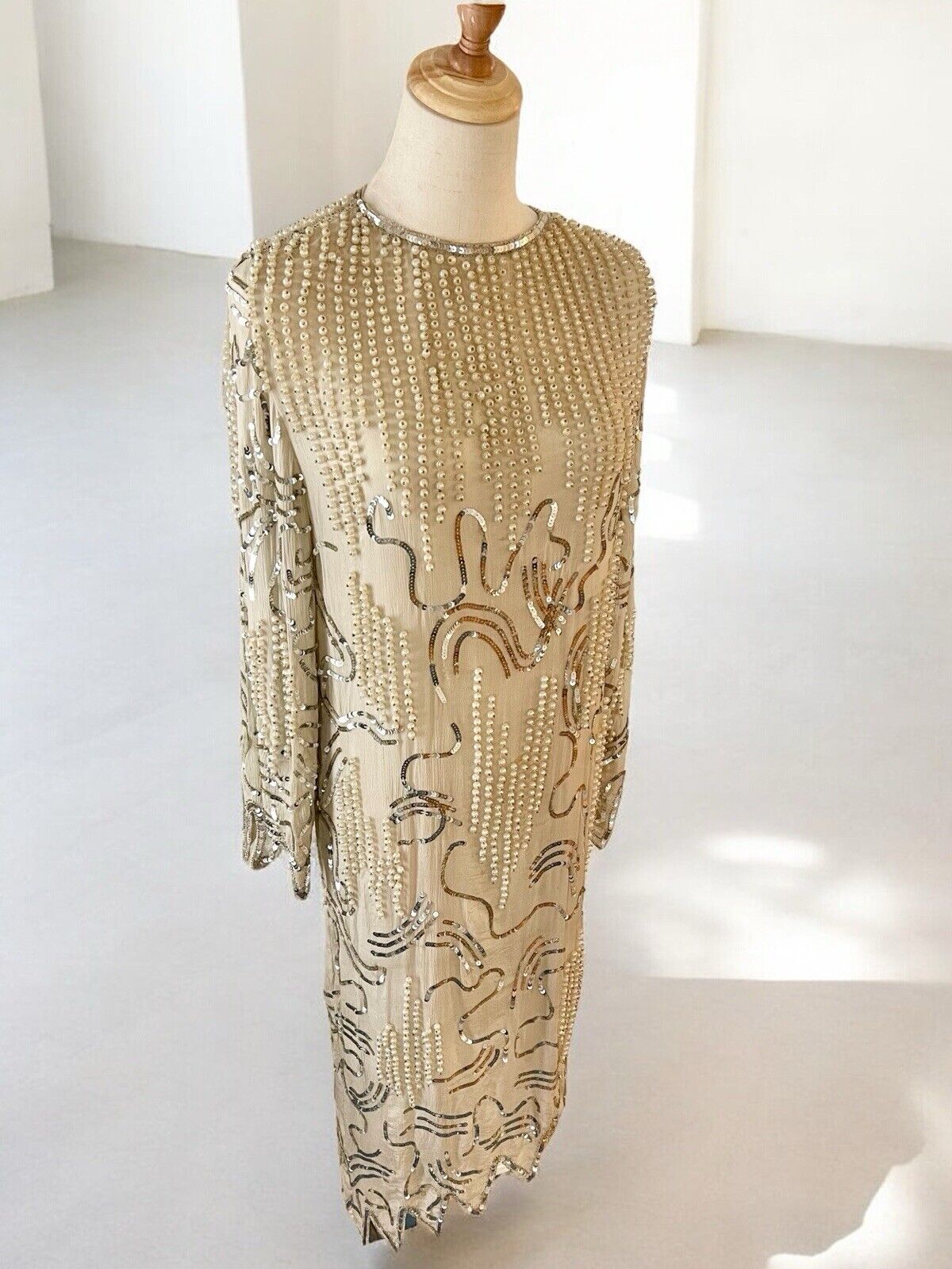 Vintage Carolina Herrera Cream Chiffon Pearl & Sequin Tunic Dress - Size Small