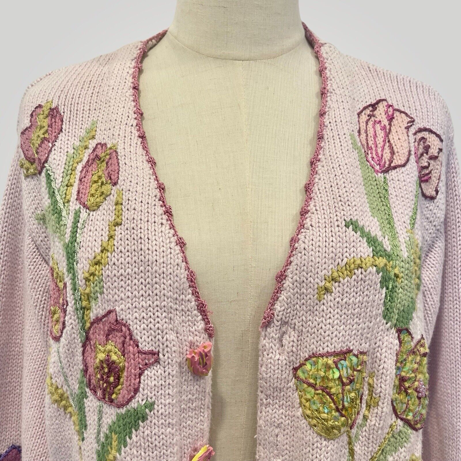 Vintage Storybook Knits Pink Floral Embroidered Sequin Sweater Cardigan - Large