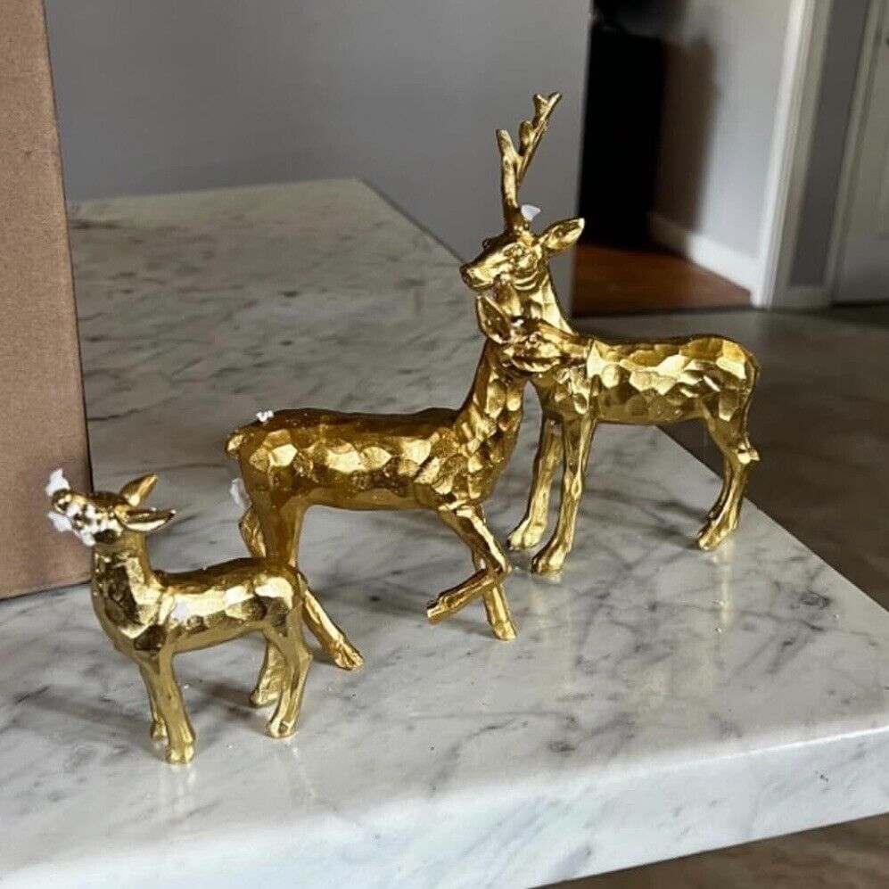 NEW West Elm Boho Geometric Gold Resin Holiday Christmas Reindeer Figures Set 3