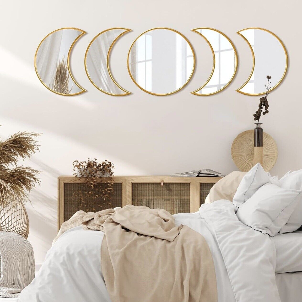 NEW Anthropologie (5 Piece) Boho Gold Moon Phase Mirror Hanging Wall Decor Set