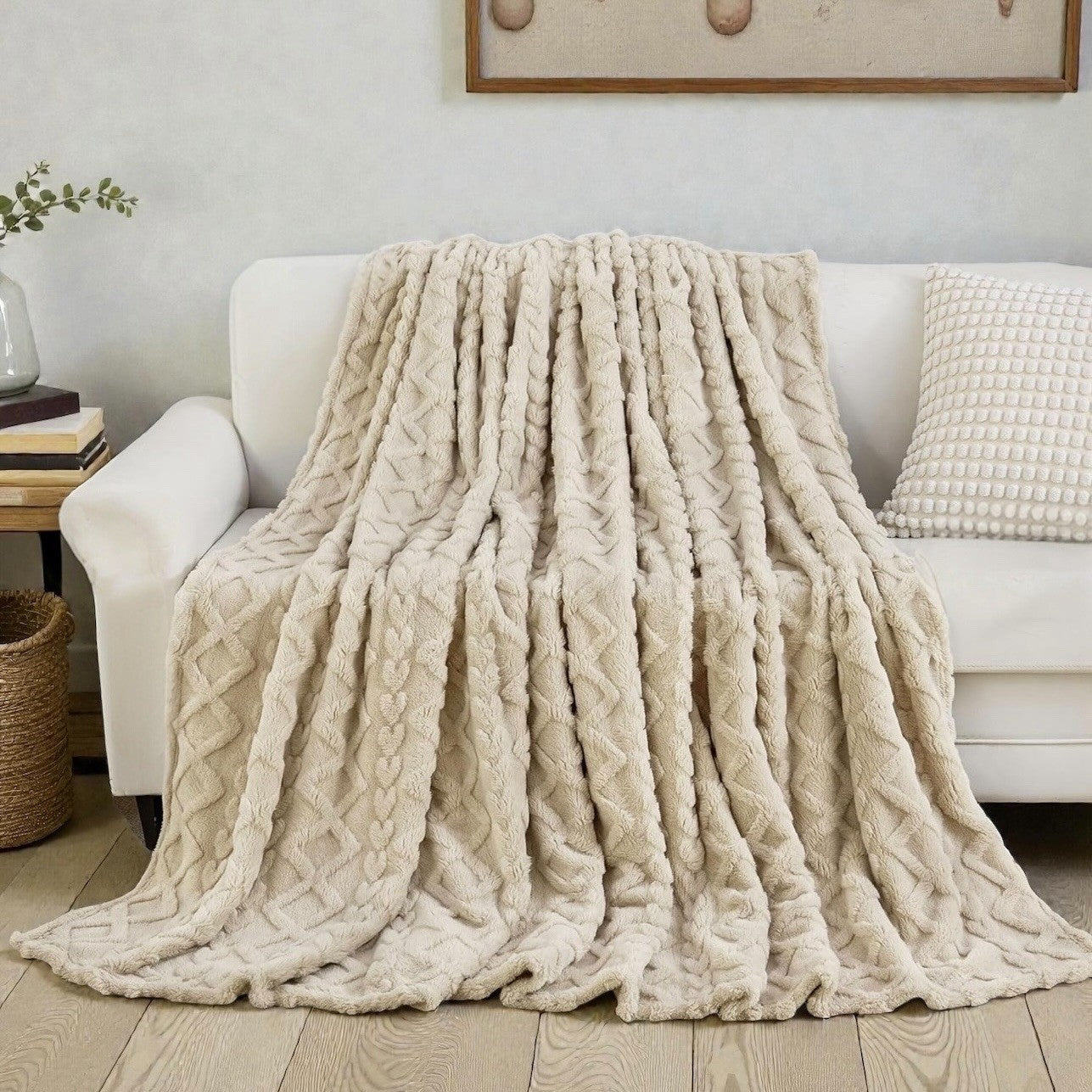 NEW West Elm Beige Ultra Soft Fleece Boho Tufted Fuzzy Throw Blanket - 50" x 60"
