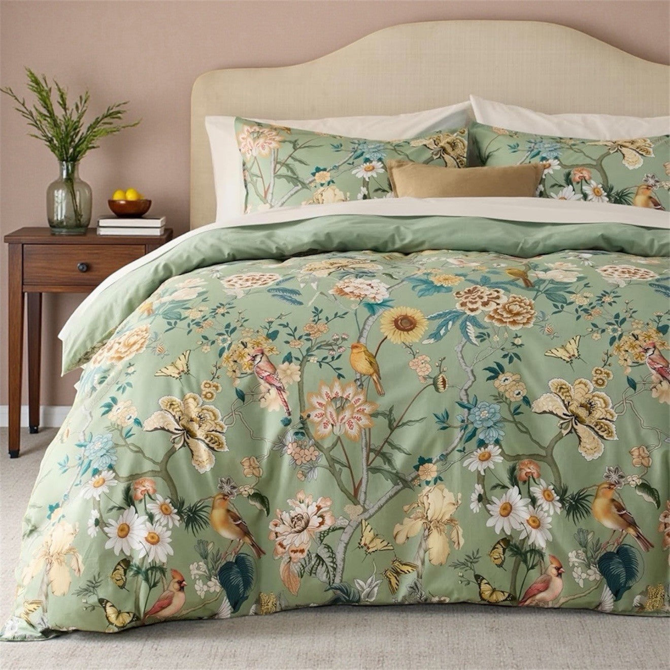 NEW Anthro Green Floral Bird Boho Cotton Queen King Size Bedding Duvet Sham Set