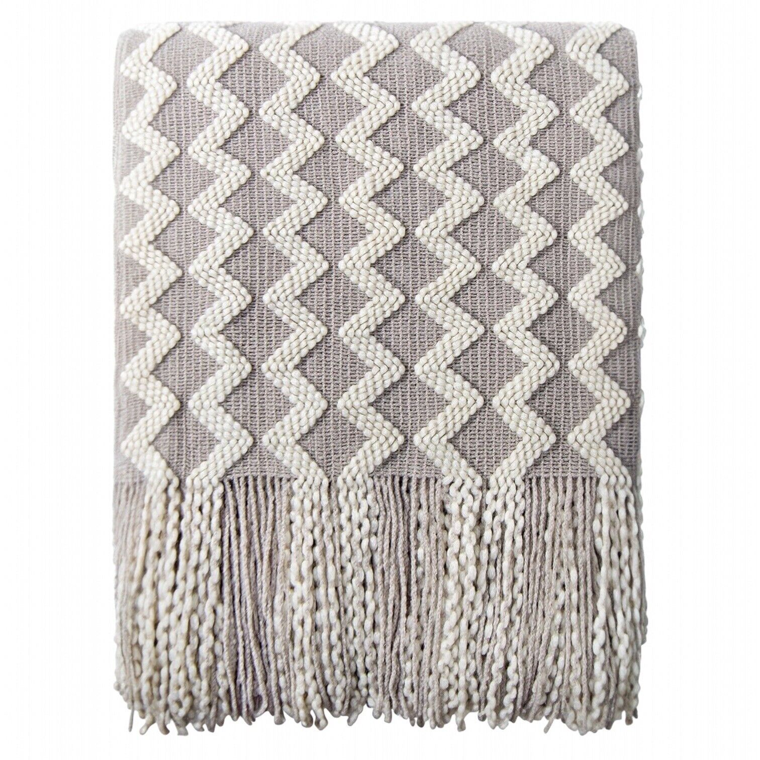 NEW Anthropologie Grey & White Boho Tassel Chunky Knit Throw Blanket - 50" x 68"