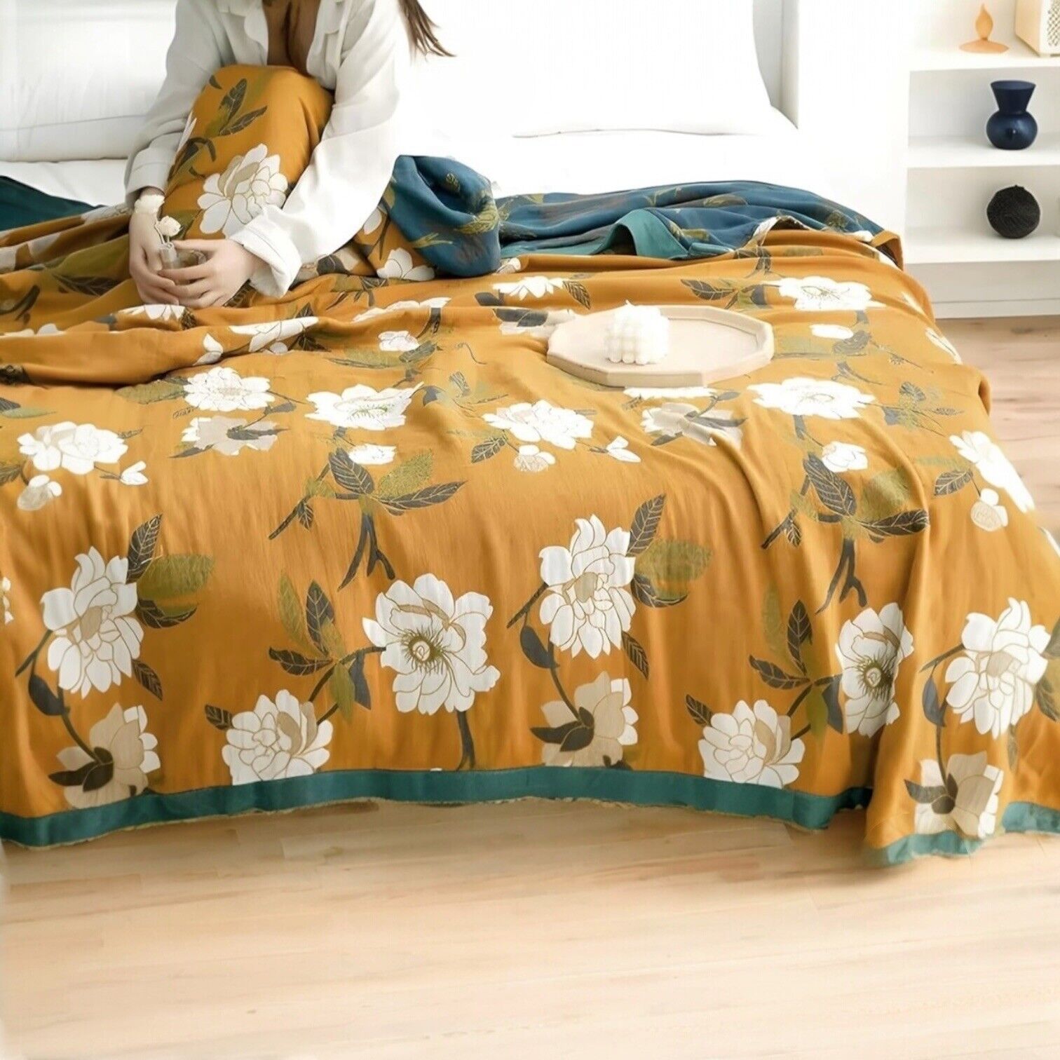 NEW Anthropologie Boho Orange Teal Floral Queen Blanket Bedspread Quilt 80 x 90