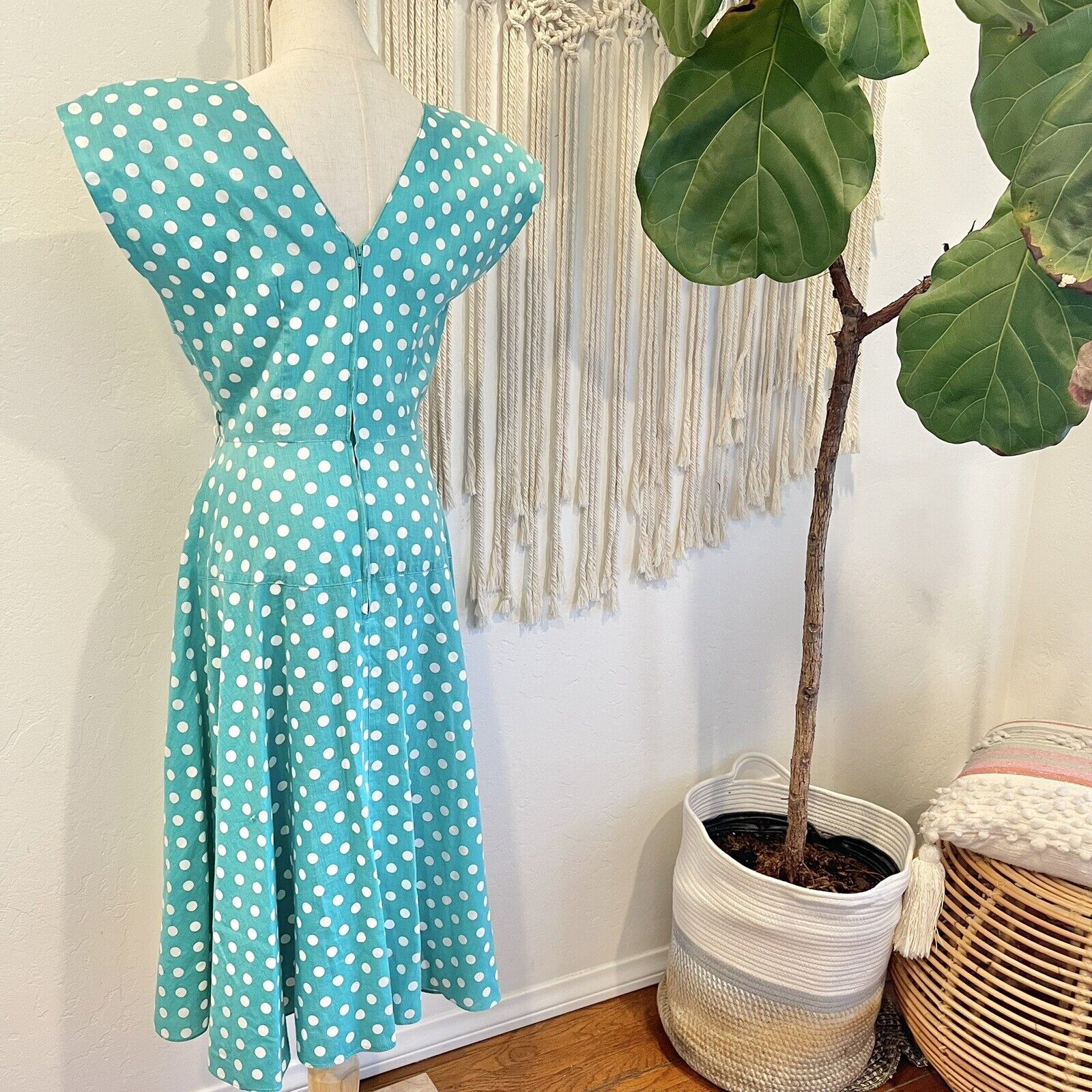 Vintage 1960's Teal & White Polka Dot Button Tea Length Milanzo Dress - Medium