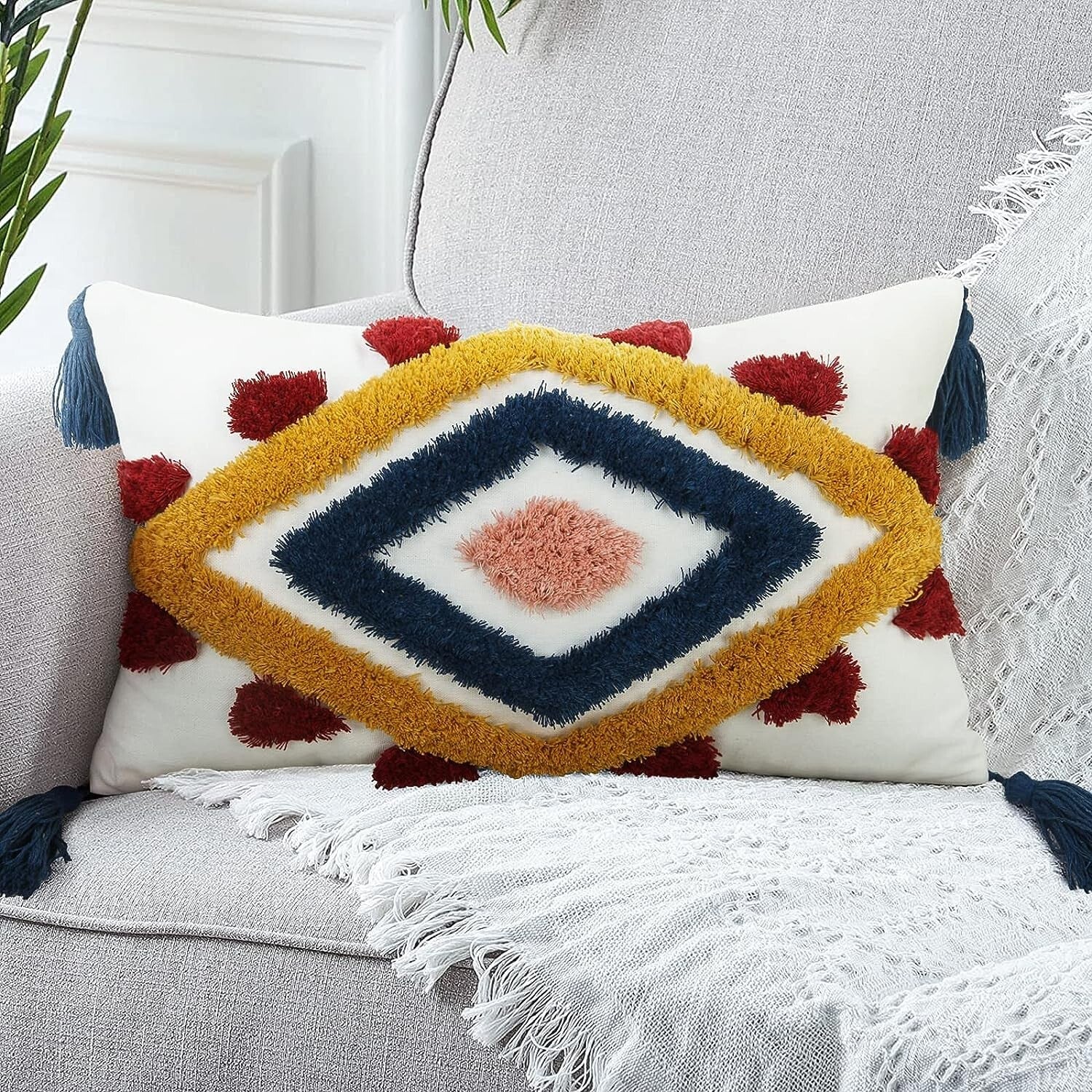 New Anthropologie Boho Lumbar Colorful Tassled Throw Pillow Case Cover 12" x 20"