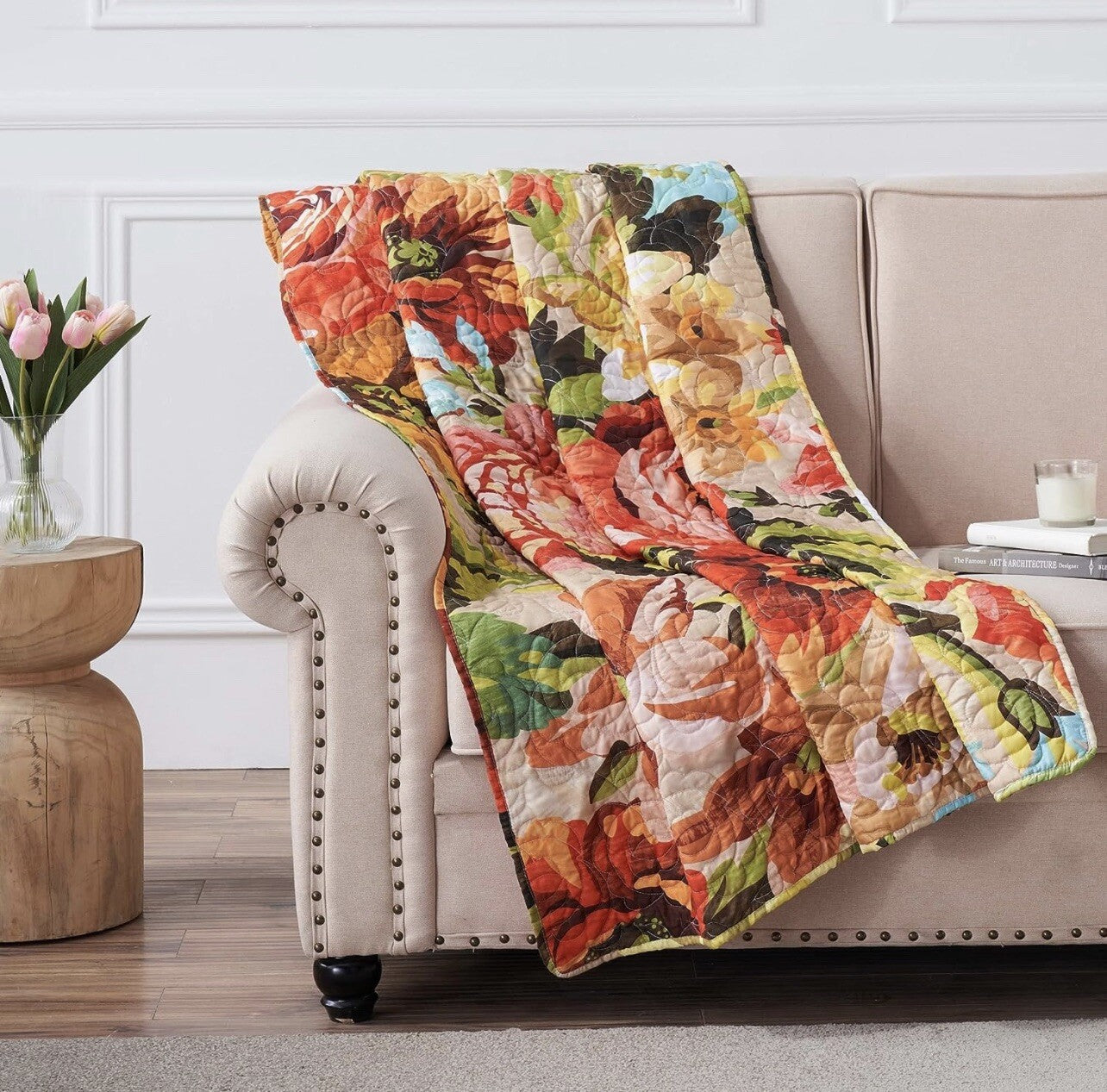 NEW Anthropologie Boho Red Floral Throw Blanket Bedspread Quilt - 50" x 60"