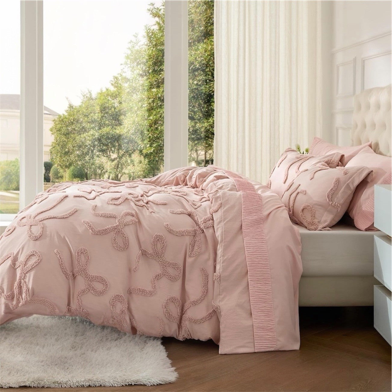 NEW Anthro Rose Pink Tufted Bow Boho Queen / King Size Bedding Duvet & Sham Set