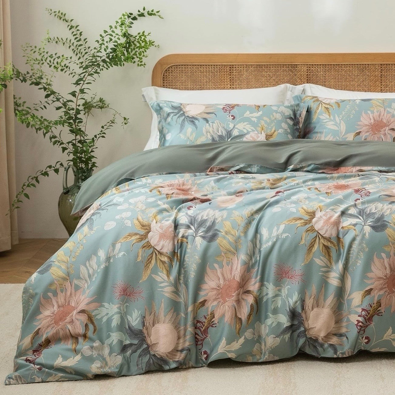 NEW Anthro Blue Floral Multicolor Full Queen King Cotton Bedding Duvet Sham Set