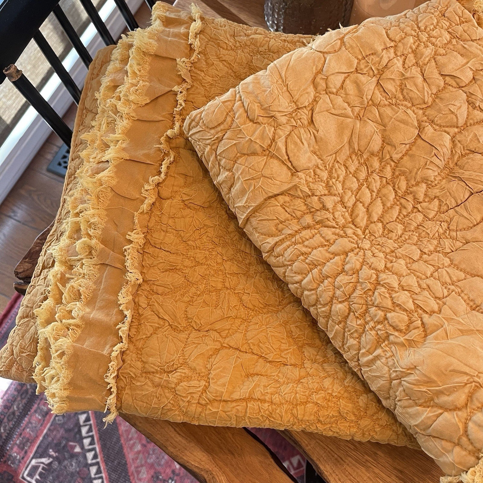 NEW Anthro Orange Yellow Ruffle Crinkled Queen / King Bedding Quilt & Sham Case