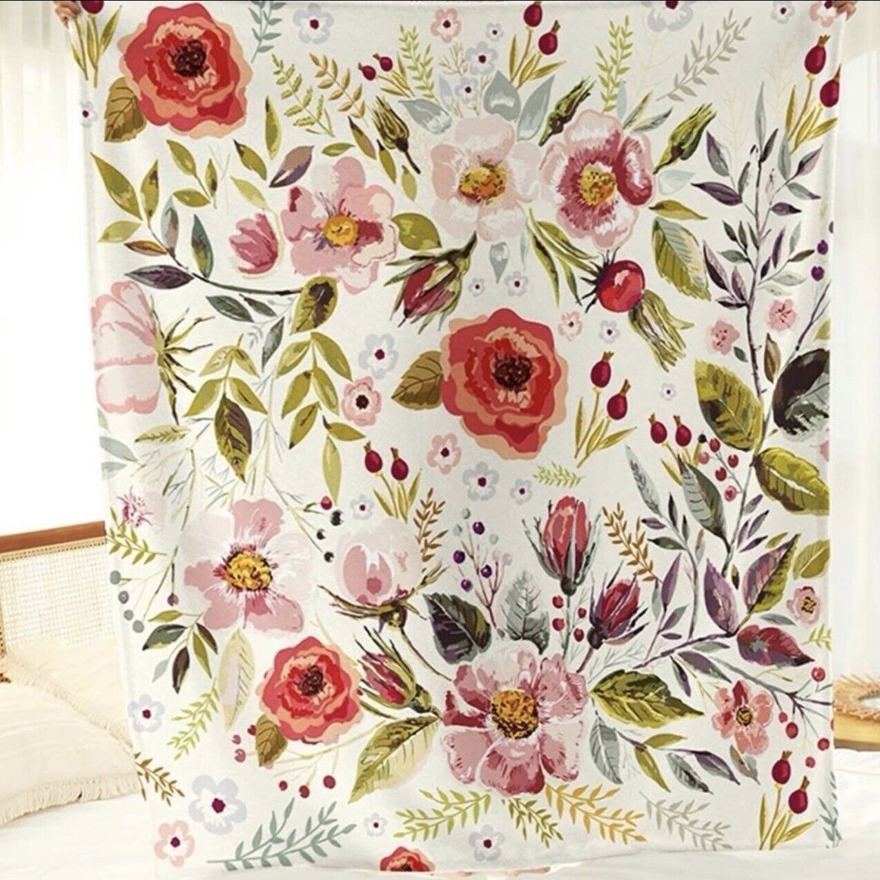 New Anthropologie Boho Floral Fleece Throw Blanket Bedspread Bedding - 80" x 60"