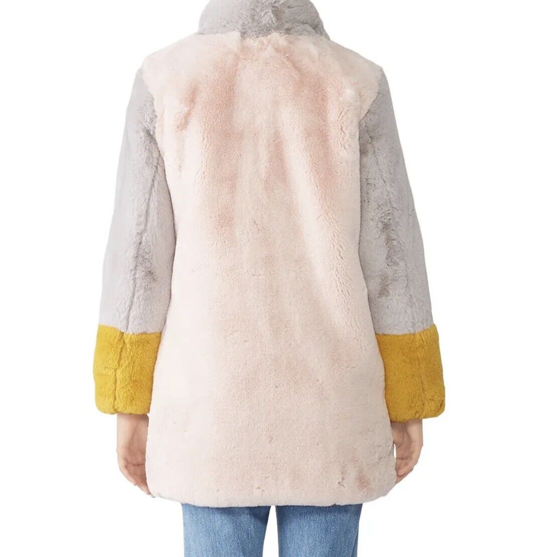 Apparis Lisa Faux Fur Color Block Boho Pink & Yellow Coat Jacket - Size Small