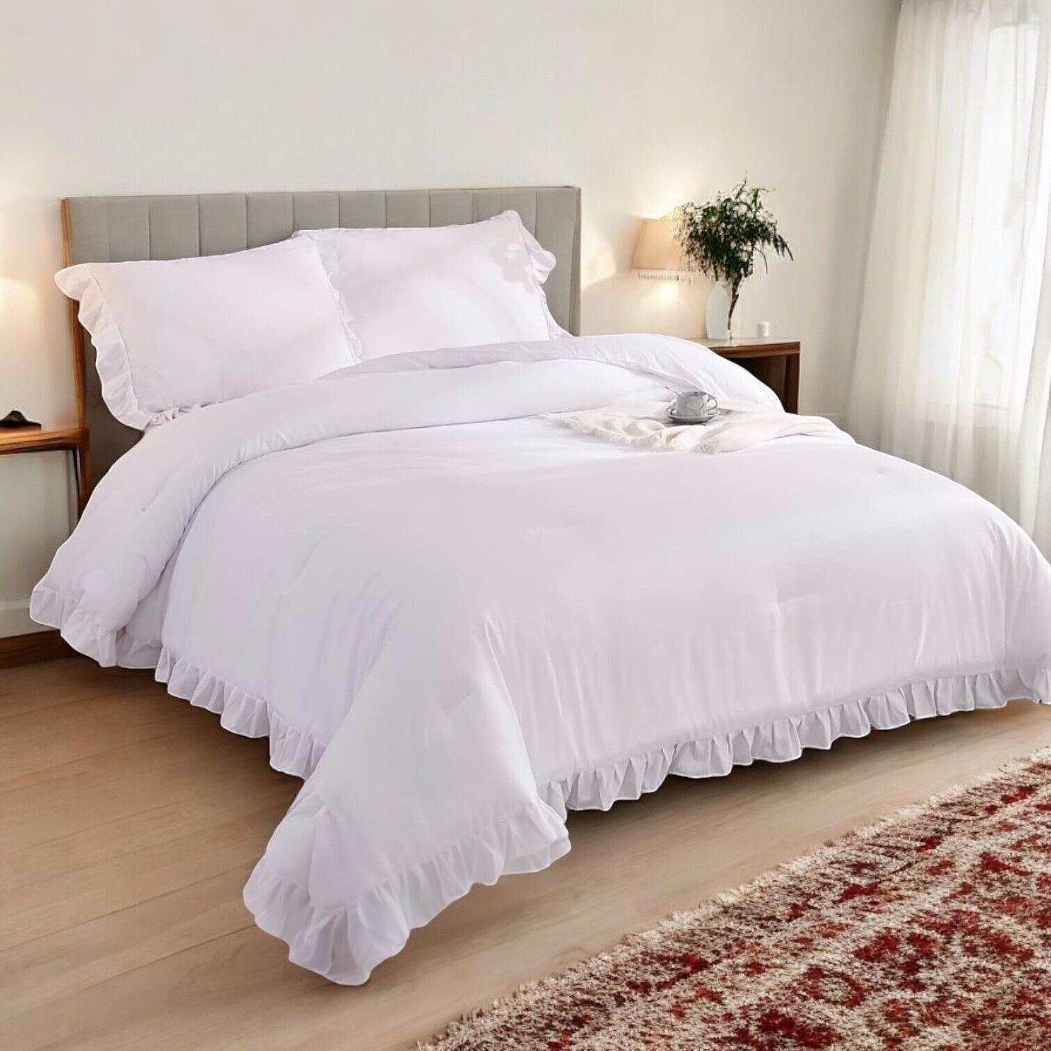 NEW West Elm White Ruffle Solid Down Altern. Comforter & Pillow Sham Bedding Set