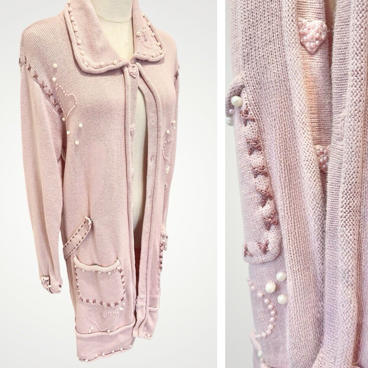 Vintage Storybook Knits Pink Heart Embroidered Pearl Sweater Duster - Medium