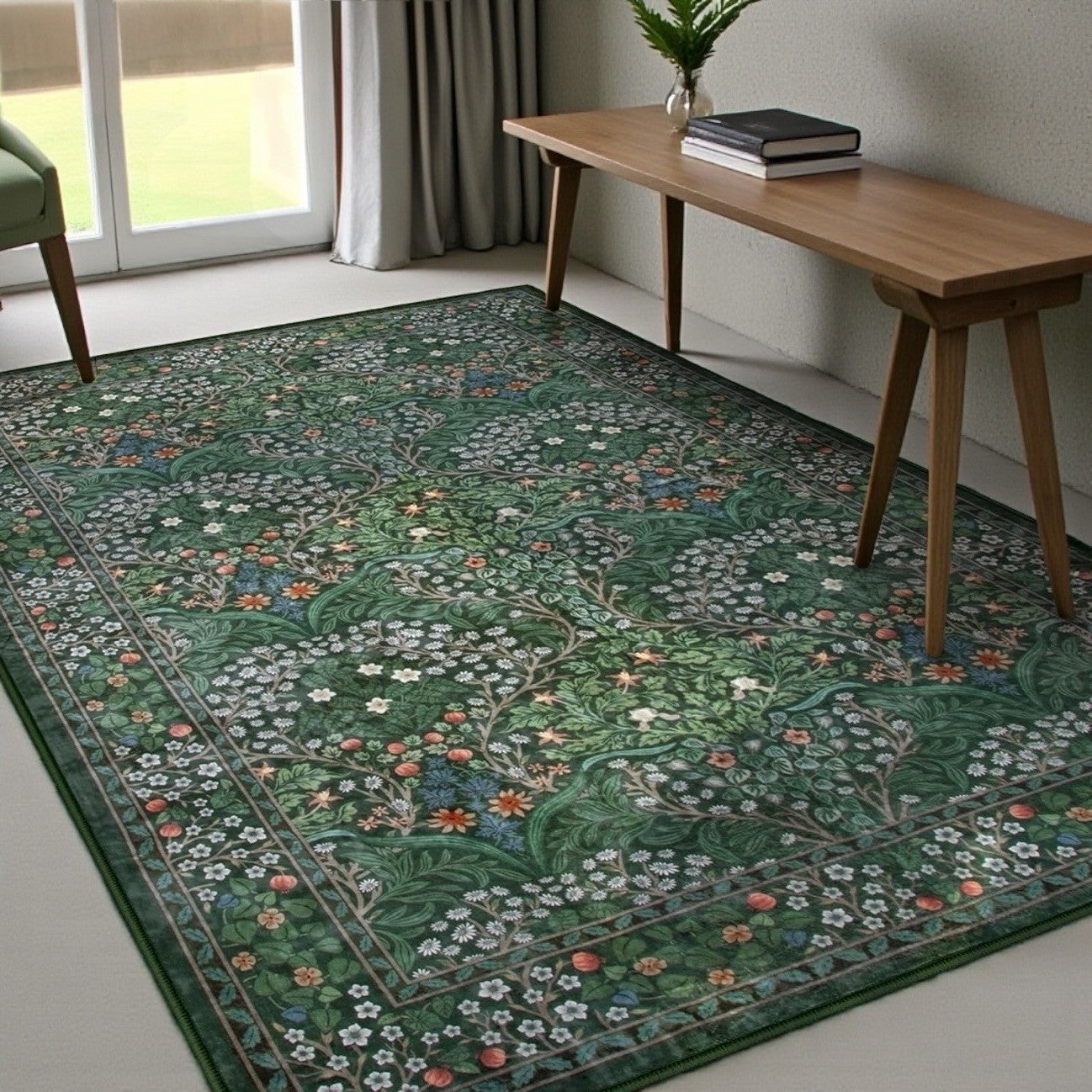 NEW Anthro Green Retro Floral Boho Washable Multicolor Area Rug Carpet - 5' x 7'