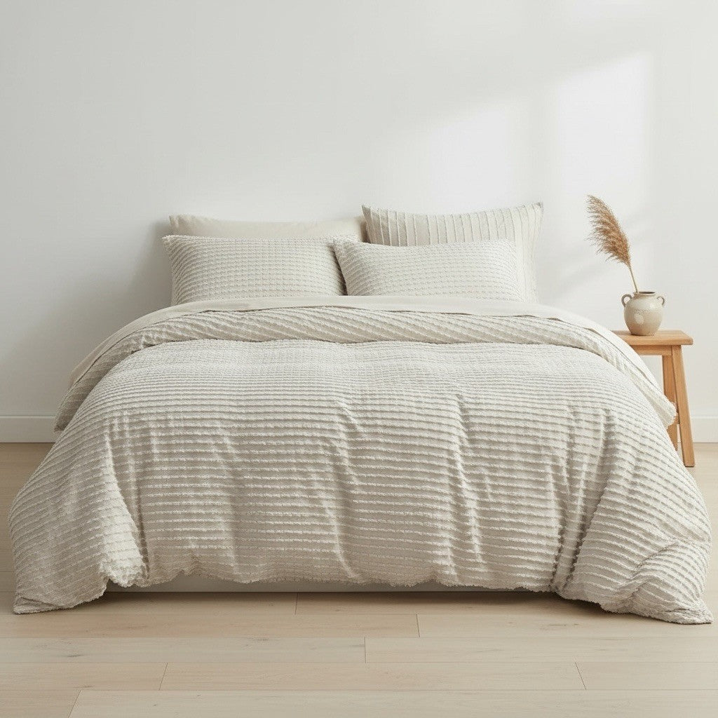 NEW Anthropologie Beige Boho King Size Tufted Fringe Bedding Duvet & Sham Set