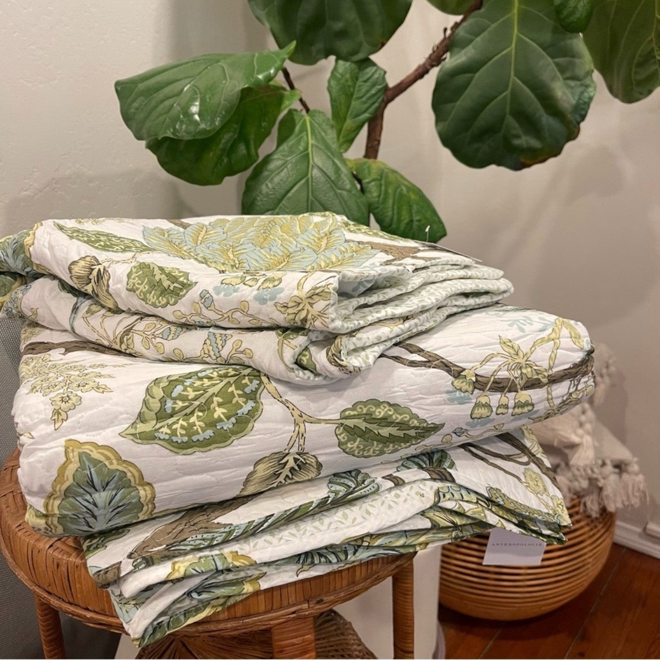 NEW Anthro Green Floral 100% Cotton Boho Quilt Bedding Bedspread Duvet Sham Set