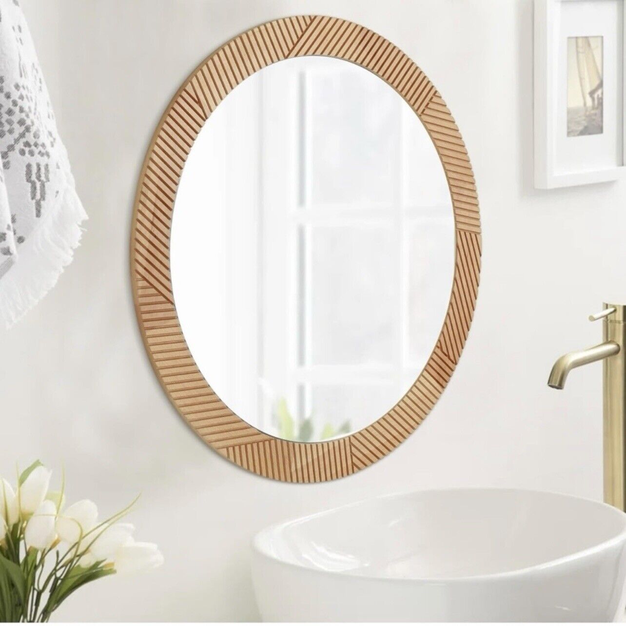 NEW West Elm Large Round Mirror Grooved Wood Boho Wall Hanging Decor - 24” Diam